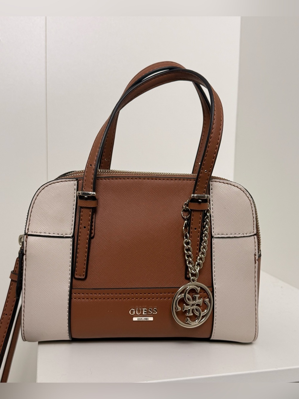 GUESS Brown and Cream Structured Dome Satchel with Chain Charm